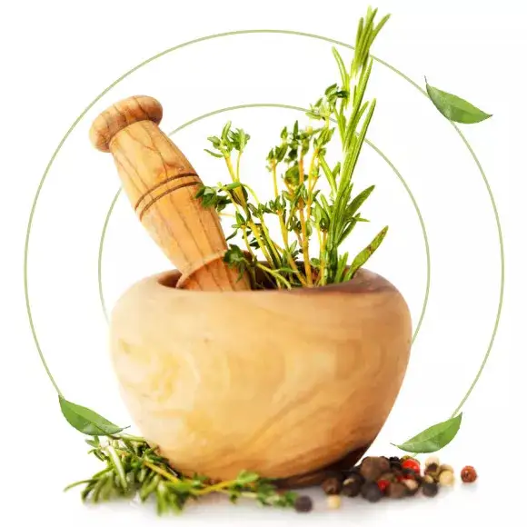 Ayurvedic mortar and pestle with fresh herbs
